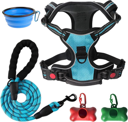 No Pull Dog Harness, Adjustable Soft Padded Dog Vest, Medium Large Dog Harness with 5FT Dog Leash,Reflective No-Choke Pet Oxford Vest with Easy Control Handle Blue