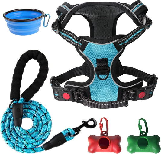 No Pull Dog Harness, Adjustable Soft Padded Dog Vest, Medium Large Dog Harness with 5FT Dog Leash,Reflective No-Choke Pet Oxford Vest with Easy Control Handle Blue
